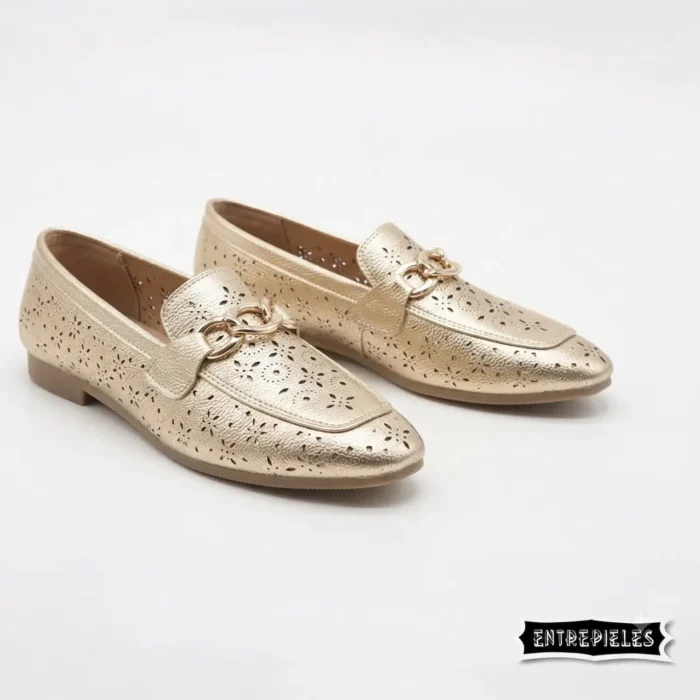 venta de mocasin dorados flor en cuero - Entrepieles